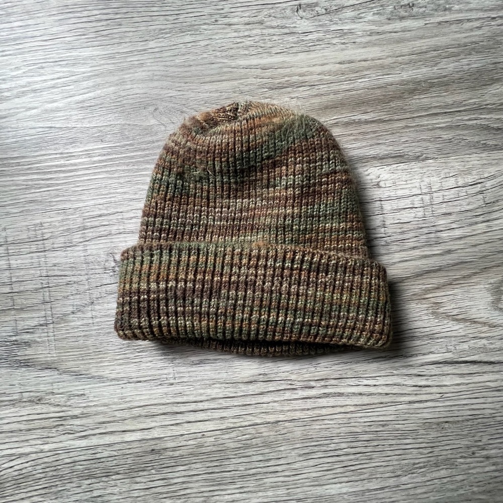 Unbranded Beanie Mens OS Brown Green Variegated Knit Ribbed Watch Cap Winter Hat